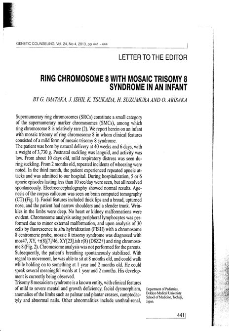 Pdf Ring Chromosome 8 With Mosaic Trisomy 8 Syndrome In An Infant