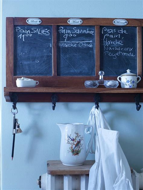Chalkboards And Hooks For Weekly Planning On Old Wall Mounted Shelf