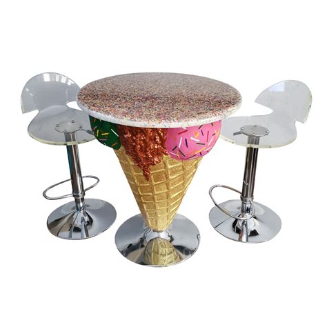 Bespoke Ice Cream Table With Vintage Lucite Swivel Stools Luxe