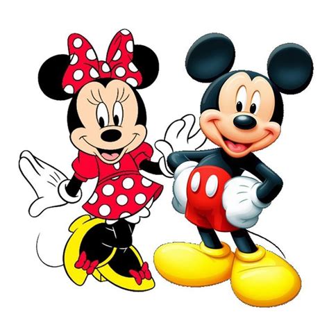Two Mickey And Minnie Mouses Standing Next To Each Other On A White Background With Red Polka
