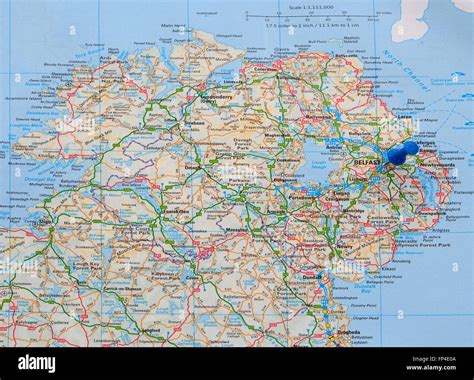 Road Map Of Northern Ireland With A Map Pin Indicating Belfast In