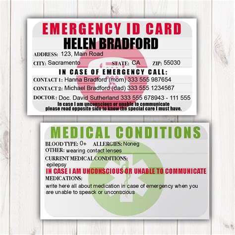 Emergency Identification Card Template Medical Condition Card