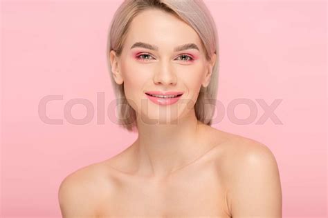 Beautiful Happy Naked Girl With Pink Makeup Isolated On Pink Stock Image Colourbox