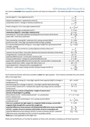 Physics Equation Sheet For Ocr Gateway A 9 1 Gcse Physics By Kitbm