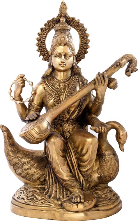 Large Size Goddess Saraswati Plays Veena On Her Swan