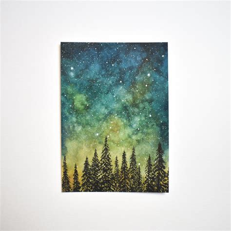 Watercolour Galaxy Trees Art Print Forest Celestial Painting Etsy