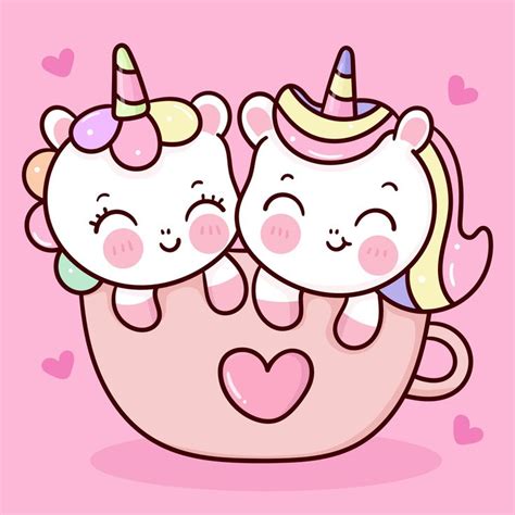 Cute Unicorns Couple Vector In Cup For Valentines Day Kawaii Animal In