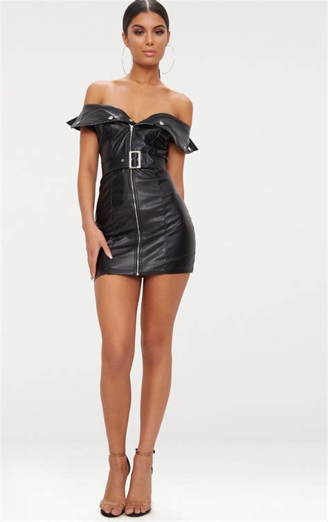 Black Faux Leather Bardot Waist Belt Bodycon Dress Prettylittlething