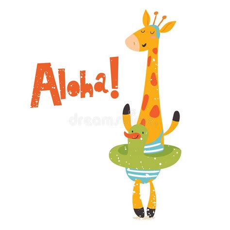 Giraffe Summer Vector Illustration With Lettering Aloha