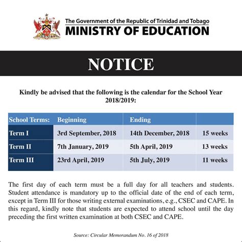 Dates For The Academic School Year 2018 2019 Trinidad And Tobago My