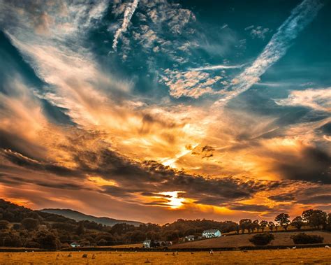 Download Wallpaper 1280x1024 Sunset Sky Clouds Field Trees Horizon