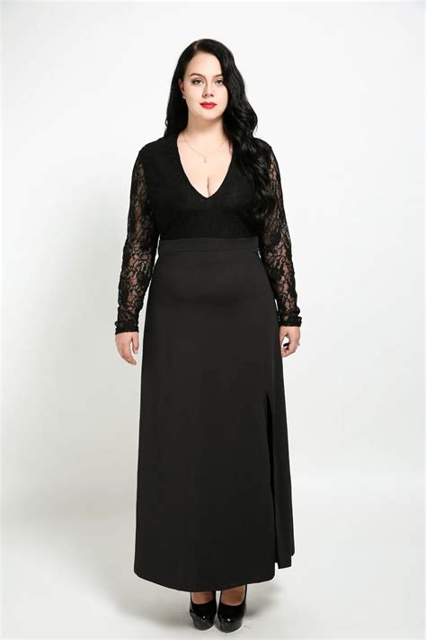 Women S Sexy V Neck Plus Size Formal Lace Dress Long Sleeve Maxi Black