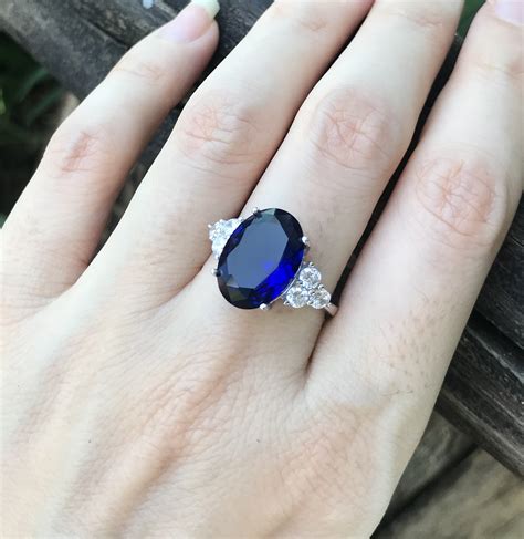 Large Blue Sapphire Oval Engagement Ring Royal Blue Sapphire Promise