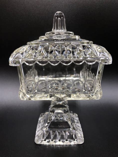 square compote pedestal lidded candy dish clear glass vintage etsy