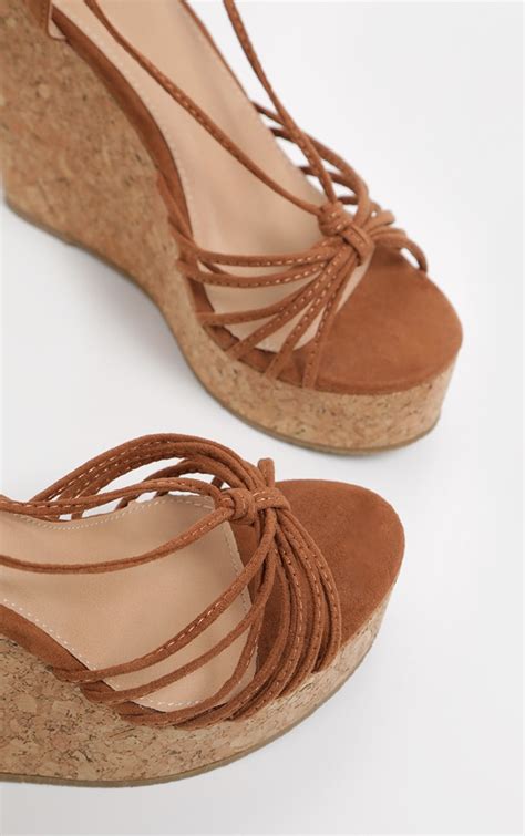Tan Strappy Lace Up Cork Wedge Shoes Prettylittlething Ie