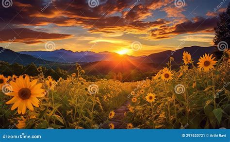 A Wildflower Meadow Bathed in the Golden Hues of Sunset, Dominated by