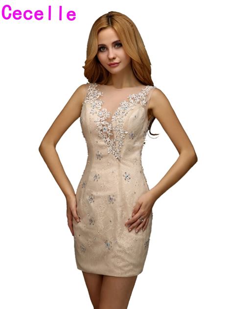 Sexy Champagne Short Mini Tight Fitted 2019 Homecoming Lace Dresses Sleeveless Sheer Illusion