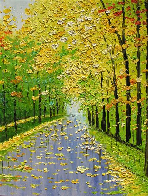 Palette Knife Canvas Art Oil Painting Golden Fall Trees Landscape