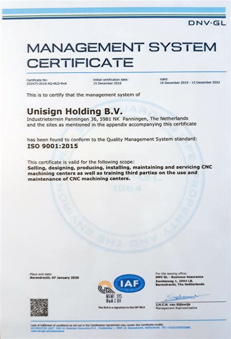 Iso 90012015 Certificate Unisign Machine Tools Unisign Machine Tools