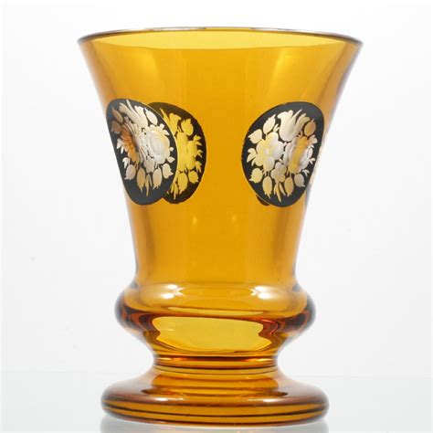 Goldberg Bohemian Art Glass Vase Amber Cut To Clear Egermann Engraved