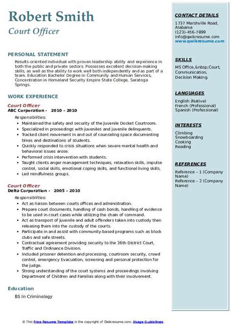 Criminology personal statement example 1. Court Officer Resume Samples | QwikResume