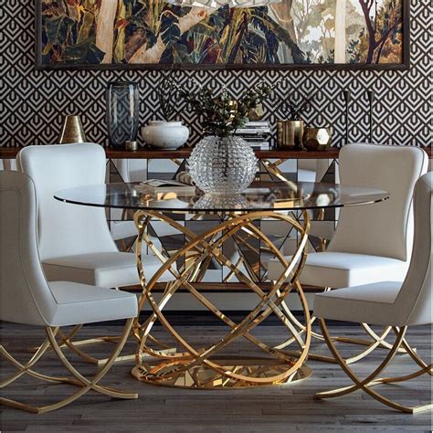 Potvin Round Glass Top Metal Base Dining Table Gold Dining Room