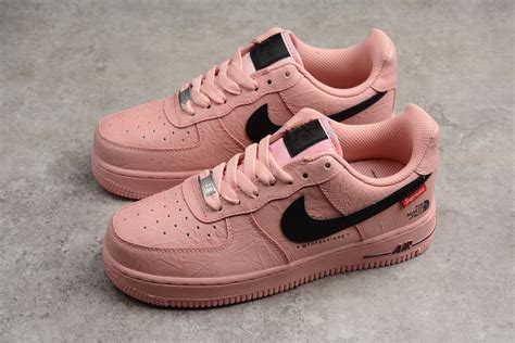 This nike air force 1 features pink hues on its upper paired with black swoosh logos, white midsole atop a black rubber outsole. Supreme x The North Face x Nike Air Force 1 '07 Pink Black ...