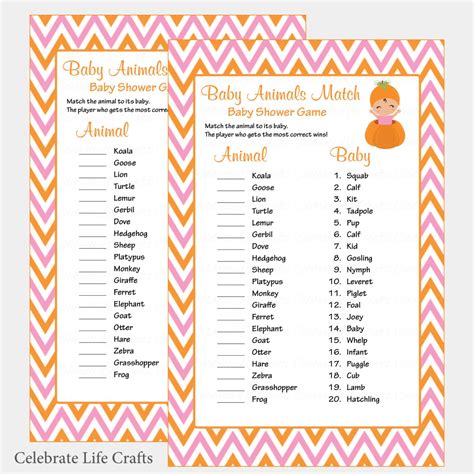 Baby Animals Match Game With Answer Key Printable Baby Shower Game Baby