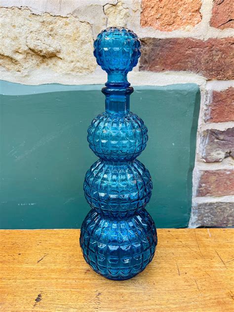 Genie Bottle Decanter In Blue Vintage Italian Empoli Glass Triple Gourd Shape With Chunky