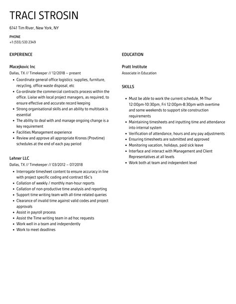 Timekeeper Resume Samples Velvet Jobs