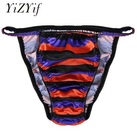 Yizyif Sexy Underwear Mens Briefs Lingerie Soft Shiny Satin Colorful Stripes Pattern Lace Trim