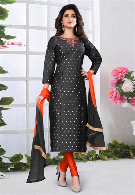 Black Cotton Silk Readymade Churidar Suit 156552 Churidar Suits