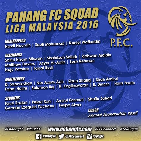 Skuad senarai pemain setiap pasukan meliputi nama, no jersi, posisi dan status kewarganegaraan pemain. (TERKINI) Senarai Pemain Pahang FC 2016 | - Blog Hanz
