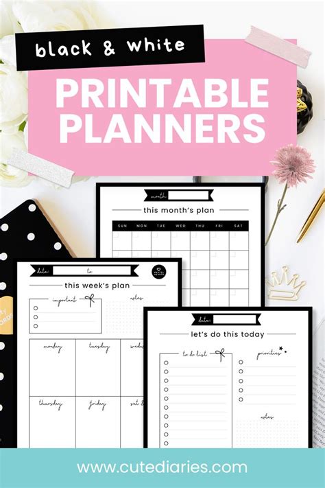 Black And White Planner Cute Diaries Planner Weekly Planner Free