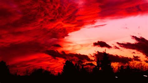 Dark Red Clouds Sky Above Green Trees During Nighttime Hd Red