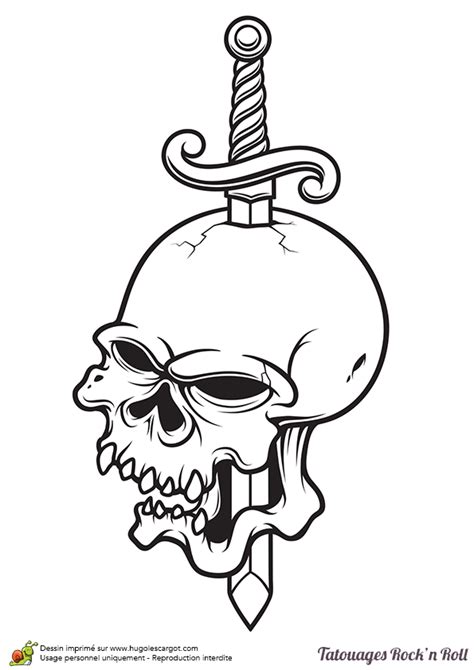 Idée tatouage sur crane modèle de tattoo 367036. Coloriage d'un tatouage Rock'n Roll, une tête de mort avec ...