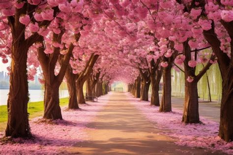 Premium Ai Image A Path Lined With Cherry Blossom Trees