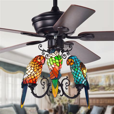 Korubo 3 Light 52 Inch Lighted Ceiling Fan Tiffany Style Parrot Shades