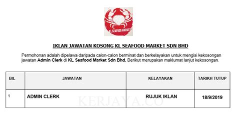 Jawatan kosong jobs now available. Jawatan Kosong Terkini KL Seafood Market ~ Admin Clerk ...
