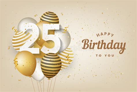 Happy 25th Birthday With Gold Balloons Greeting Card Background Stock