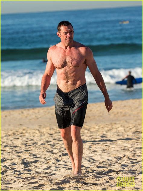 hugh jackman goes shirtless bares ripped body at the beach 2016 08 16