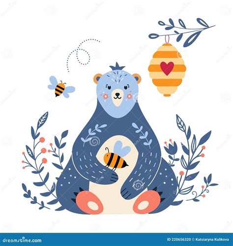 Bear With Honey And Bee Cartoon Style Stock Vector Illustration Of