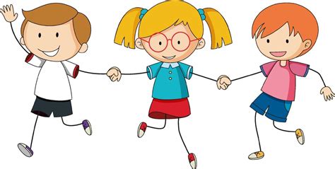 Three Kids Holding Hands Cartoon Character Hand Drawn Doodle Style