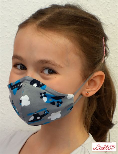 Kindermaske Kinder Mundschutz Mund Nasen Maske Flugzeuge Grau Blau