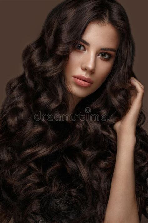 Beautiful Brunette Model Curls Classic Makeup And Full Lips The Beauty Face Stock Image