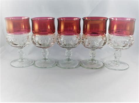 Set Of 5 Vintage King S Crown Glass Water Goblets Ruby Red Classic Thumbprint 8 Ounce Glasses