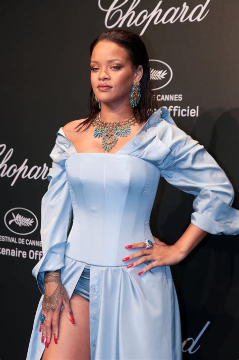 She was first discovered by american record producer evan rogers in. Rihanna Blue Long Sleeve Prom Celebrity Dress With High Slit