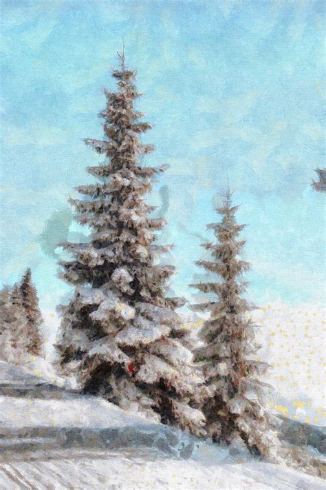 Winter Scene Mountain Pine Tree Landscape Painting