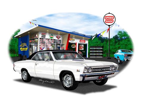 1967 Chevelle Ss White With Black Vinyl Top Muscle Car Art Drawing By