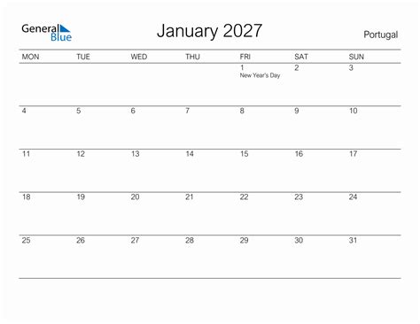 Printable January 2027 Monthly Calendar With Holidays For Portugal